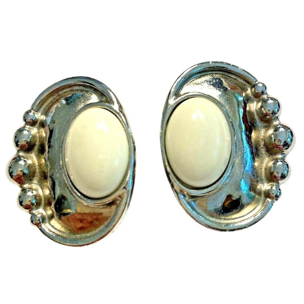 Vintage clip on earrings southwestern silver tone with creamy white bead centers
